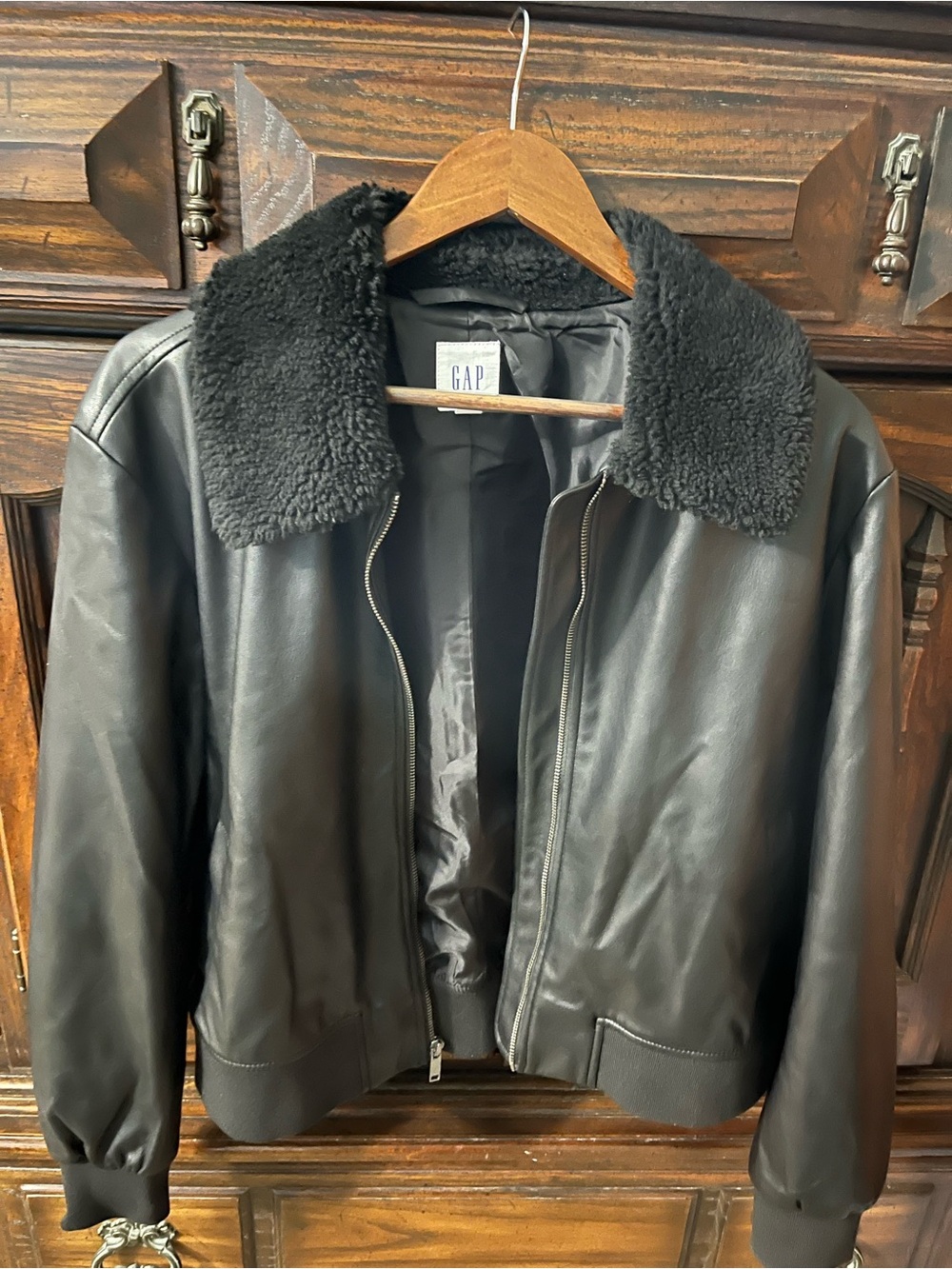 GAP Black Faux Leather Bomber Jacket with Sherpa Collar